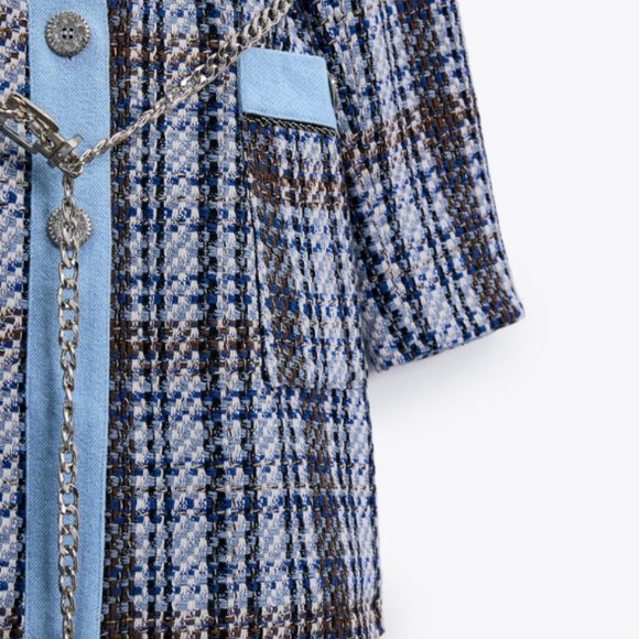 zara textured weave coat silver belt blue long sleeve mini dress size XS 8814 16 - Picture 7 of 7